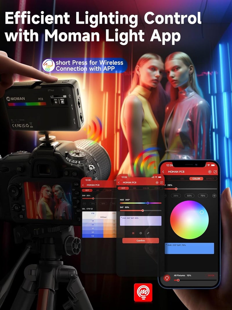 MOMAN LED Camera Light, RGB Video Lights for Photography, App Wireless Control, 2500-9000K, CRI 95+, Long Battery Life, Portable Lighting Panel with Cold Shoe, Fits for GoPro Sony Canon - Image 5